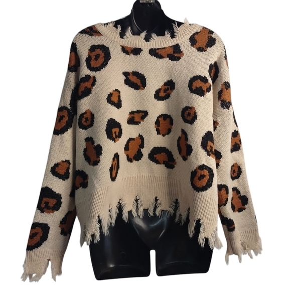 MIracle Distressed Sweater  Women's Brown/Black/Cream Leopard Print Sz M/L NWOT - Picture 2 of 8